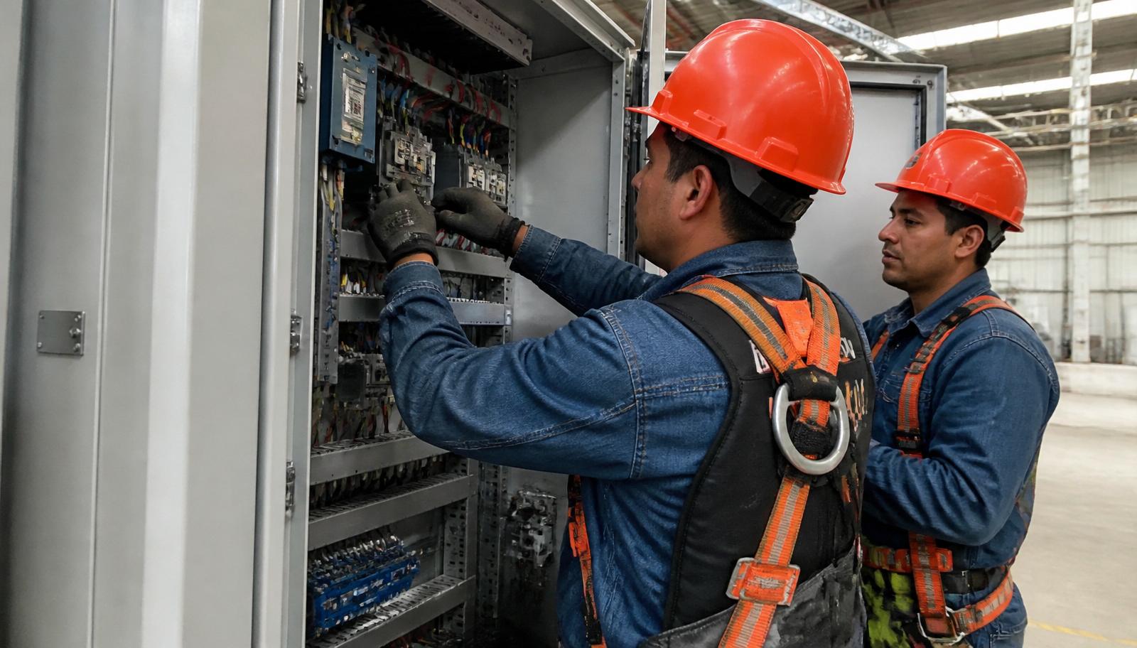 Técnicos SICESA trabajando en tablero eléctrico